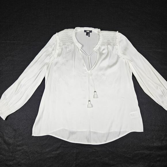 PAIGE Kaylynn Smocked Blouse Tassels City Chic Matte Satin Boho White Womens M - Picture 12 of 16